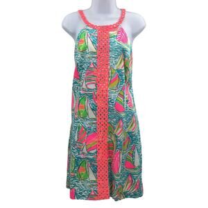 Lilly Pulitzer Halter Neck Floral Shift Sasha Dress in Ugotta Regatta 16 EUC
